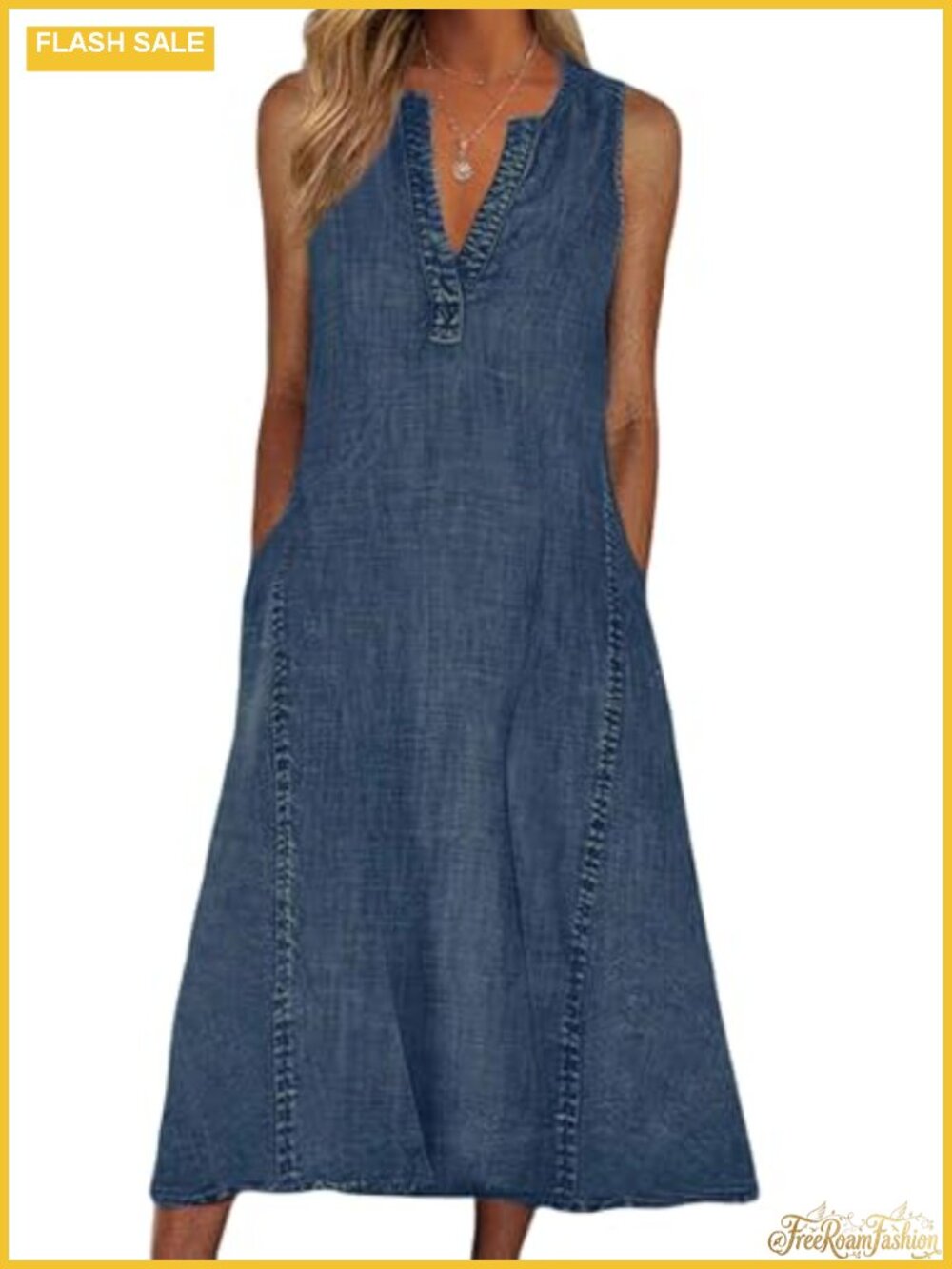 Sleeveless Denim Midi Dress A-Line V-Neck Casual Summer Dress Cotton